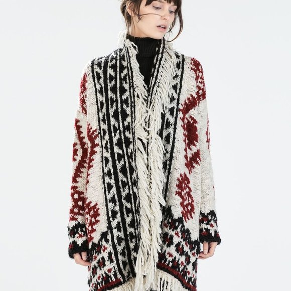 Zara Sweaters - Zara Chunky Knit Ehtnic Tribal Boho Fringe Cardigan Coat
